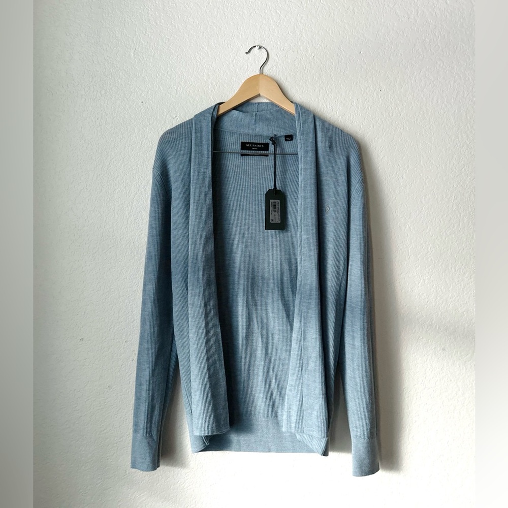 NWT All Saints 100% Merino Wool Dusty Blue Open Cardigan Sweater Size Small